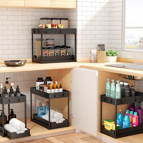 2 Pack 2-Tier Under Sink Organizers with Sliding Drawer, Black
