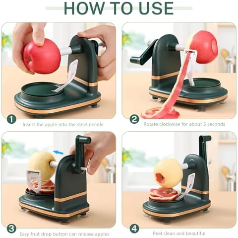 Manual Hand Crank Apple Peeler, Corer and Slicer – Suction Non Slip Counter Grips - Stainless Steel Blades – Peels, Cores and Cuts in Seconds for Home Kitchen (green, apple cutter 12 slices)