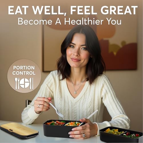 Bento Box Adult, Stackable Lunch Box, 50 oz, Black& Bamboo