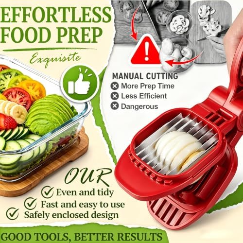 Fruit Slicer, Egg Slicer for Hard Boiled Eggs, Fruit Cutter for Strawberry, Banana, Kiwi, Rapid & Safe Slicing Tool,304 Stainless Steel Blades, ABS Material (Red)