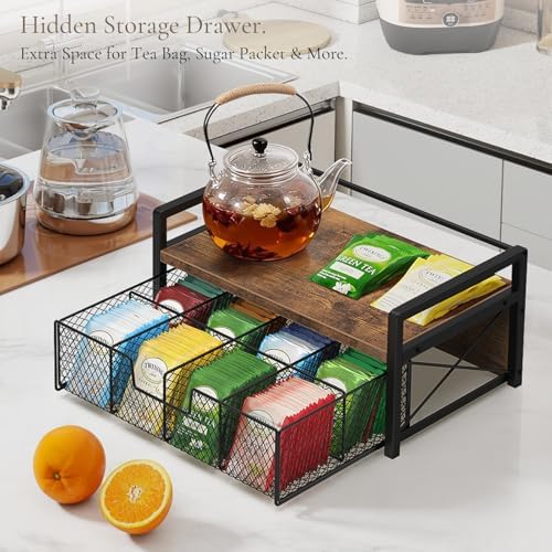 Tea Bag Organizer with Drawer, Tea Caddy for Countertop, Rustic