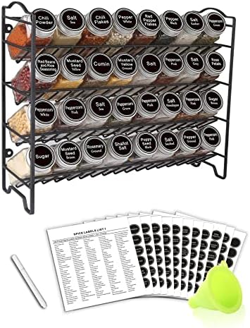 Spice Rack Organizer with 32 Glass Spice Jars and 396 Spice Labels