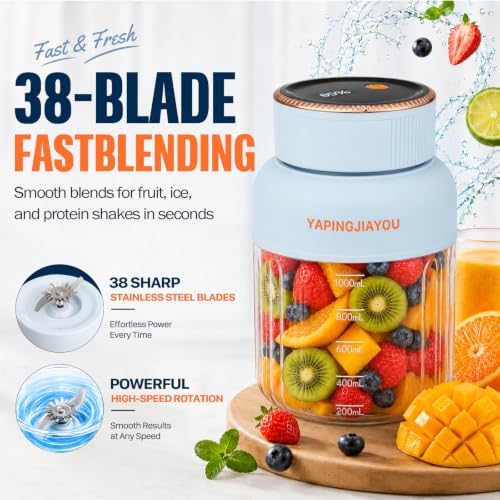 Portable Blender, Personal Smoothie juicer, Shaker blender, 33oz USB portable rechargeable juicer cup with 38 Blades for Kitchen, Travel, Gym， Office – Sky Blue - Image 3