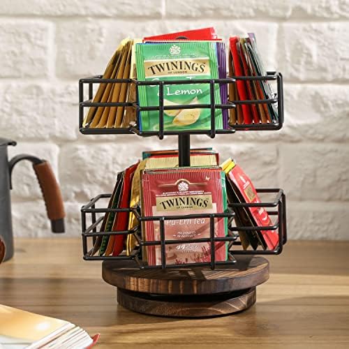 Rotating Tea Bag Holder Carousel, 8 Compartments, Wood Base