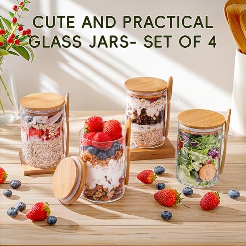 Overnight Oats Containers with Lids,16oz Overnight Oats Jars 4 Pack, Oatmeal Cups,Meal Prep Containers,Glass Meal Prep Containers with Lids,China Pudding Jars