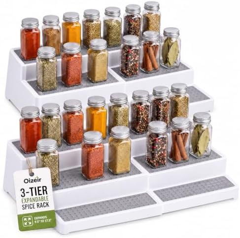 Plastic 3-Tier Expandable Spice Rack, Adjustable Length, Stability with Non-Skid Shelf, For Easy Visibility, Organizer for Kitchen Cabinet, Pantry or Countertop, (2-Pack), White/Grey