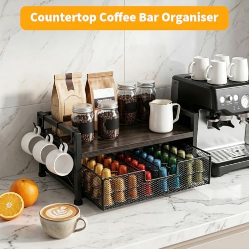 Tea Bag Organizer,Coffee Bar Organizer,Teabag Holder & Coffee Station with Storage Drawer,Wood Tea Station Chest Display Container Box for Countertop Kitchen (Grey)