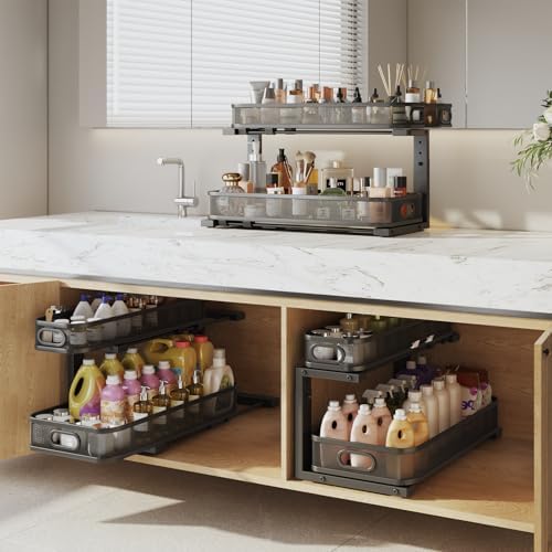 2 Pack 21.3IN-Depth Under Sink Organizer with Smooth Cylindrical Rail,2-Tier Pull Out Multi-Purpose Cabinet Storage for Bathroom&Kitchen,Height Adjustable,Rust-Resistant Coating-Black