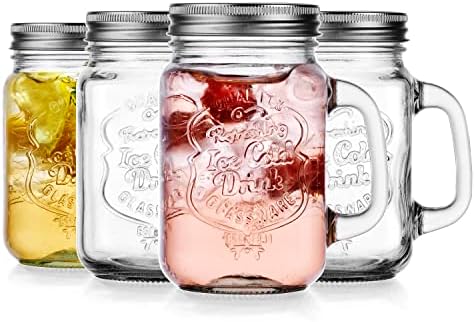 Mason Drinking Jars – Set of 4, 15.25 Oz Clear Glass Jar with Handle and Lid. – Ice-Cold Drink Glassware Logo – Glass Mugs Ideal for Cold Beverages, Juice, Smoothie, Cocktails.