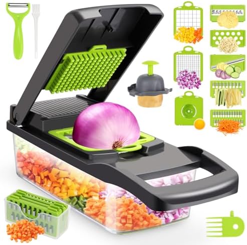 Vegetable Chopper, Multifunctional 13-in-1 Food Choppers Onion Chopper Vegetable Slicer Cutter Dicer Veggie chopper with 8 Blades,Colander Basket,Container for Salad Potato Carrot Garlic