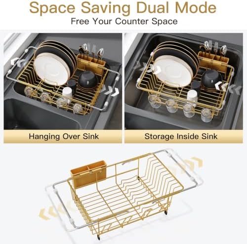 Gold Dish Drying Rack in Sink, Dish Drainer with Utensil Holder