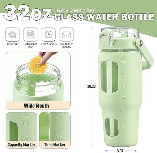 32oz Glass Water Bottle with Handle and Straw|Leakproof Sports Glass Bottle with Time Marker and Silicone Sleeve|Glass Drinking Bottle for Travel, Gym, Workout, Green