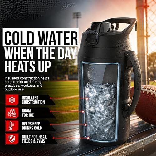 Under Armour Insulated Water Bottle with Handle & Fence Hook, Half Gallon Sports Water Jug, Leak-Resistant & BPA-Free for Baseball, Football & Gym - Black/Black, 64oz