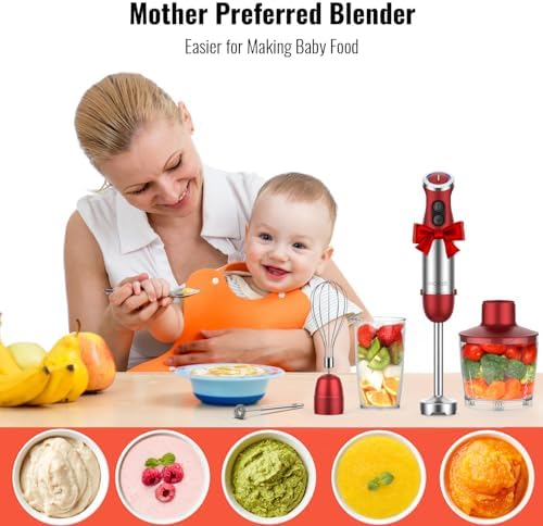 5-in-1 Hand Immersion Blender, 1000W 12 Speed Handheld Blender Stick with Copper Motor Stainless Steel Blade, 600ml Mixing Beaker,500ml Food Processor, Whisk, Milk Frother, Non-BPA, Red