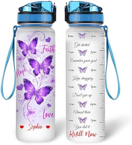 Personalized Purple Butterfly Water Bottle - 32oz Motivational Water Bottle with Leak-Proof Lid & Time Marker - Custom Name Gift for Butterfly Christ Lovers Women - Birthday & Christmas Gift