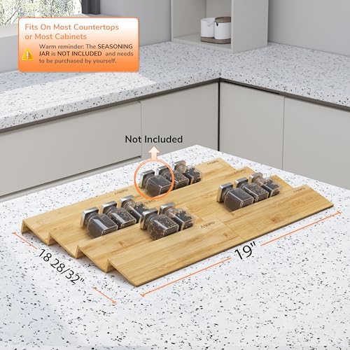 Bamboo Spice Drawer Organizer with Non-slip Mat,4 Tier - 2 Set Jar Spice Rack Tray From 9.5''to 19'', Seasoning Organizer for Kitchen,Cabinet,Drawers,Countertop