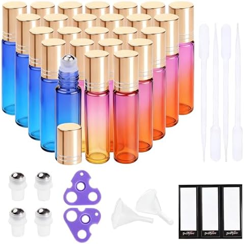 PrettyCare 24 Pack, 10 ml Essential Oil Roller Bottles with Stainless Steel Roller Ball - Refillable Leak-proof Empty Thick Rainbow Glass Roll on Bottles with Metal Caps for Travel, Perfume by PrettyCare