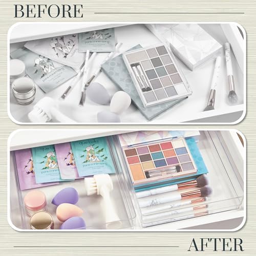SimpleSort 2-Piece Stackable Clear Drawer Organizer Set | 15" x 6" x 2" Rectangle Trays | Wide Makeup Vanity Storage Bins and Office Desk Drawer Dividers | Made in USA