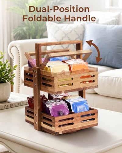 Acacia Wood Tea Bag Organizer, 360° Rotating 2-Tier Storage Holder with 8 Compartments, Holds 80+ Tea Bags for Kitchen Countertop, Tea Station, Home Decor