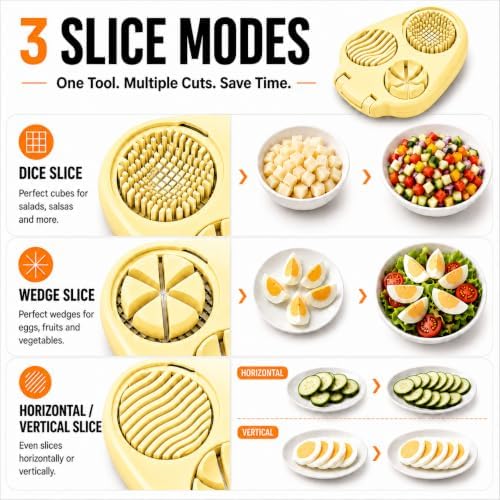 3-in-1 Egg Slicer with 2 Cleaning Brushes, Hard Boiled Egg Cutter, 3 Cutting Modes & Steel Blades – Eggs, Cherry Tomatoes, Strawberries, Kiwi – Perfect for Salads, Breakfast & Family Meals – Yellow - Image 3