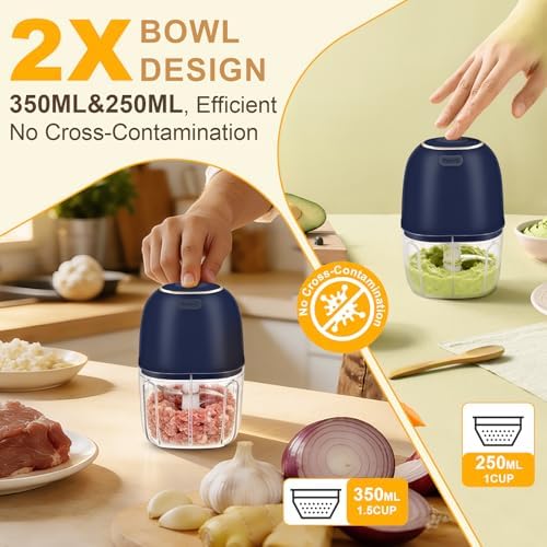 Electric Mini Food Chopper with 2 Plastic Bowls(1Cup&1.5Cup), Blue - Image 5