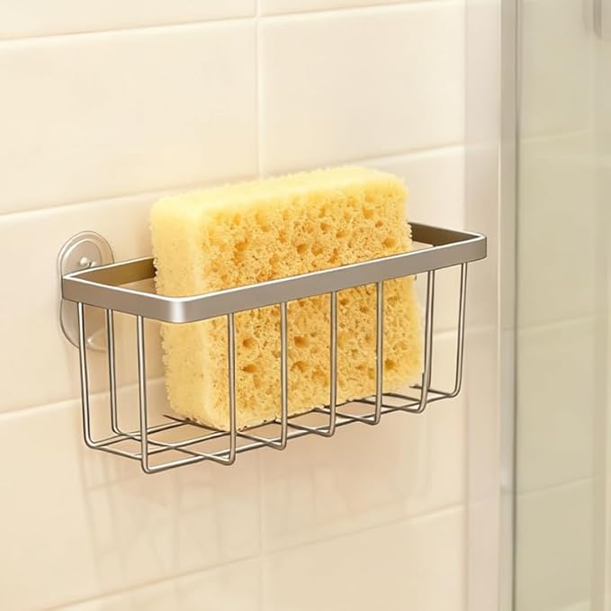 JANE'S CUTIE Kitchen Sink Sponge Holder, Kitchen Sink Sponge Rack, Sink Box, Dishwashing Soap Holder (Silver Gray)