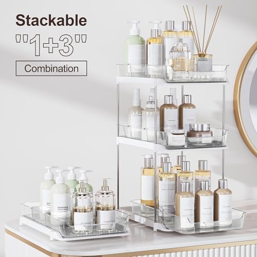 2-Tier Multi-Purpose Bathroom Under Sink Organizers and Storage, Stackable Kitchen Pantry Organization, Pull Out Medicine Cabinet Organizer with Movable Dividers, White, 4Pack