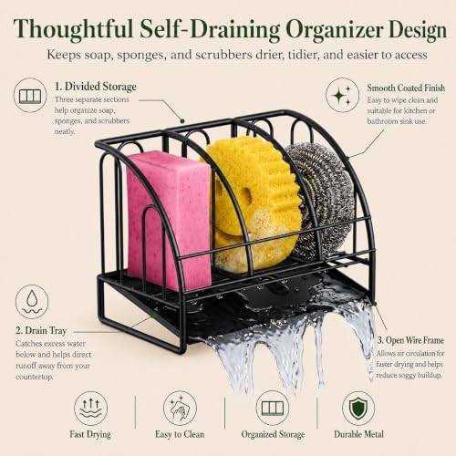 Sponge Holder for Sink with Self Draining Soap Dish for Bathroom