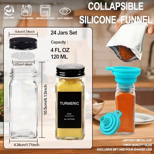 24 Pcs Glass Spice Jars with 398 Labels, 4oz Empty Square Spice Containers Seasoning Bottles - Shaker Lids, Funnel, Brush and Marker Included(Black Metal Caps)