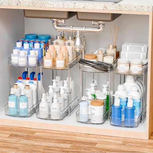 4 Pack Large Pull Out Bathroom Organizers and Storage,2 Tier 12.8″ Tall Sliding Kitchen Under Sink Organizer for Cleaning Products Storage,Acrylic Clear Bathroom inder Sink Organizer,Undersink Storage