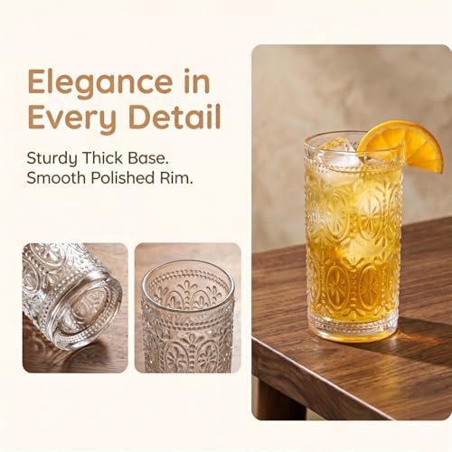 6 Pack Romantic Drinking Glasses, 12 oz Highball Glasses, Thick Water Glasses, Tall Glass Cups for Beverages, Beer, Cocktail, Vintage Glassware Set for Dinner Parties, Bars, Restaurants