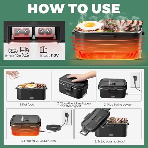 Electric Lunch Box for Adults 100W 1.8L Portable Heated Lunch Box 12V/24V/110V, Portable Fast Heating Lunchbox Food Heater for, Car Truck Office Home(Black)
