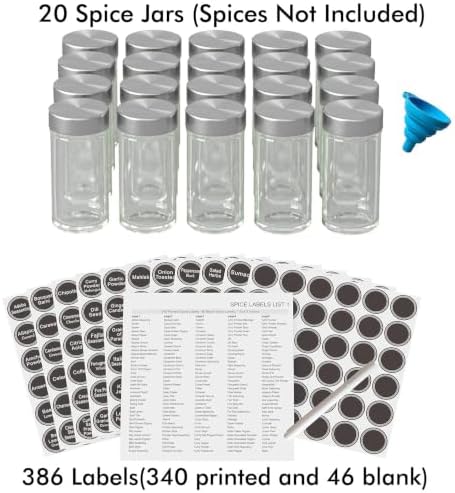Revolving Spice Rack Set with 20 Spice Jars, Kitchen Spice Tower Organizer for Countertop or Cabinet -- Carousel Storage Includes 386 Spice Labels -- Desktop Rotating Seasoning Organizer