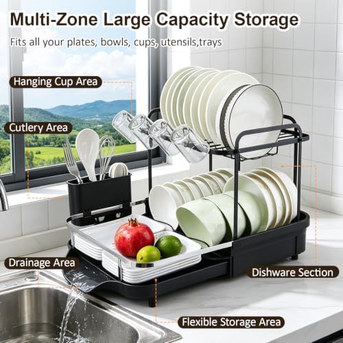 Expandable Dish Rack for Kitchen Counter, 2-Tier Dish Racks, Detachable Large Capacity Dish Drainer Organizer with Auto Drain, Stainless Steel Dish Drainer with Cup & Utensil Holders