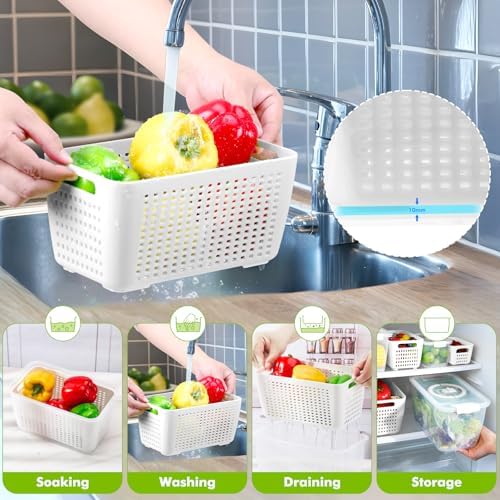 Produce containers for fridge,3 Set Fruit Containers with Removable Colander, BPA-Free Produce Saver Containers with Lids Dishwasher&Microwave Safe Keep Fruits, Vegetables, Berry, Fresh Longer