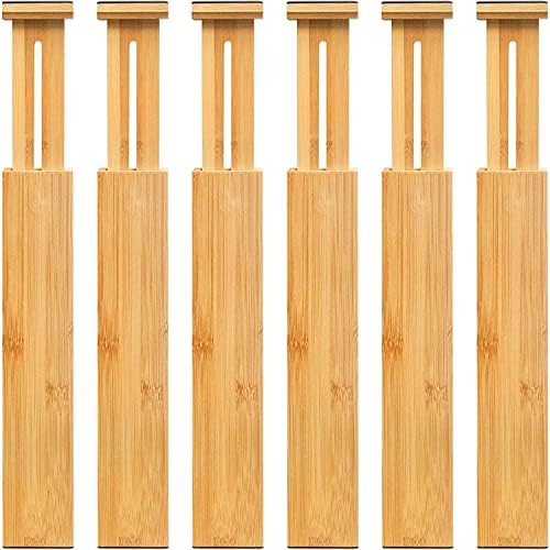 6-Pack Adjustable Bamboo Drawer Dividers, Expandable Drawer Organizer for Kitchen Utensils, Clothes, Bathroom, Office – Fits Drawer Interiors 16.6" to 21.8"