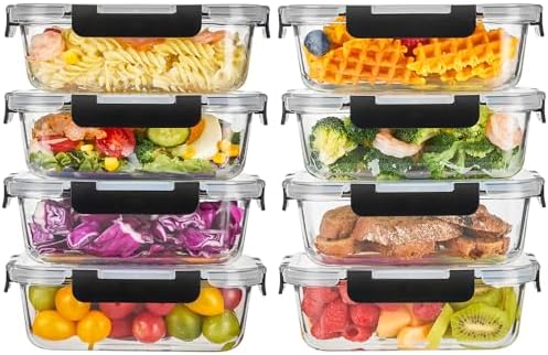 8 Pack 36OZ Glass Food Storage Containers with Lids, Meal Prep Containers, Airtight Bento Boxes with Leak Proof Locking for Microwave, Oven, Freezer and Dishwasher, BPA Free