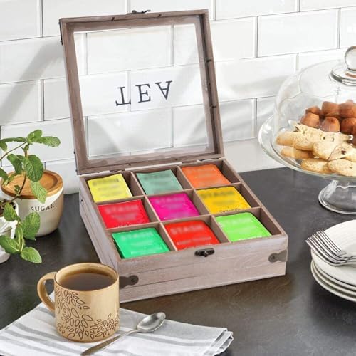 Tea Box Organizer, Rustic Tea Bag Storage with Clear Lid