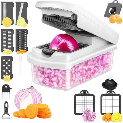 15-in-1 Vegetable Chopper and Mandoline Slicer Set with Container - Multifunctional Vegetable Cutter and Chopper with Dicer Blades, Egg Separator & Spiralizer