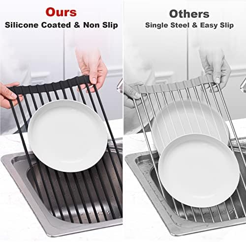 Roll Up Dish Drying Rack Silicone Wrapped Over The Sink Dish Drying Rack Multipurpose Foldable Sink Drying Mat Anti-Slip & Anti-Rust Dish Rack for Kitchen, 17.5" x 13", Black
