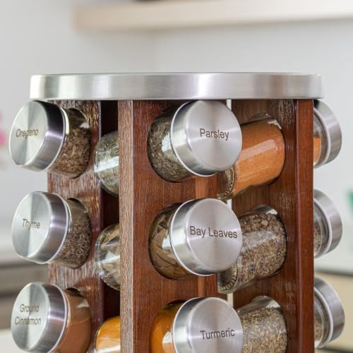 20 Jar Rotating Dark Acacia Wood Spice Rack with Spices Included & 5-Year Spice Refill Program – Rustic Wood Countertop Spice Rack with Glass Jars