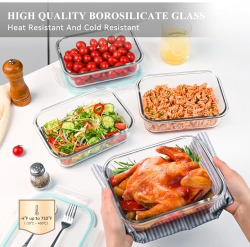 4 Pack 52 oz Large Glass Food Storage Containers with Lids - Glass Meal Prep Containers For Baking, Storing, Airtight Lunch Container, Freezer, Dishwasher, Microwave and Oven Safe, BPA Free