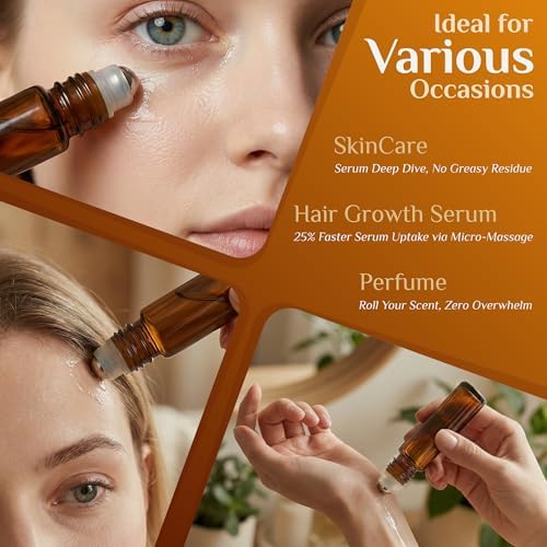 PrettyCare Set of 24, 10 ml Amber Glass Roller Bottles for Essential Oil with Stainless Steel Roller Ball - Refillable Leak-proof Empty Roll on Bottles with Black Caps for Travel, Perfume,Lab - Image 6