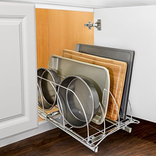 Pull Out Cookie Sheet Organizer for Cabinet – Baking Sheet Organizer – Sheet Pan Organizer - Lifetime Ltd. Warranty – 10” x 21” Deep Inside Cabinet, Chrome