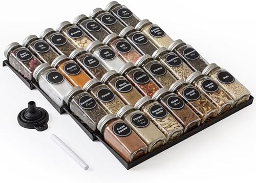 Spice Drawer Organizer, Spice Rack Drawer for Kitchen, 4 Tier Black Drawer Spice Organizer with 28 Jars and labels with a pen, Silicone Funnel, 13" by 17.5"