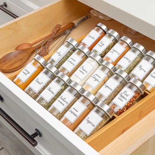 18 Jar Bamboo Compact Spice Rack with Spices Included & 5-Year Free Spice Refill Program for Countertop or Kitchen Drawer with Glass Jars