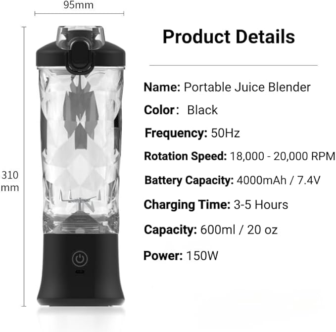 Portable Blender,USB 600ML Electric Juicer Fruit Mixer,4000mAh,Personal compact travel juicer,Smoothies,Fresh juice,Self-cleaning,Leakproof lid, Smart time display,6 blades,with strong blending,Black