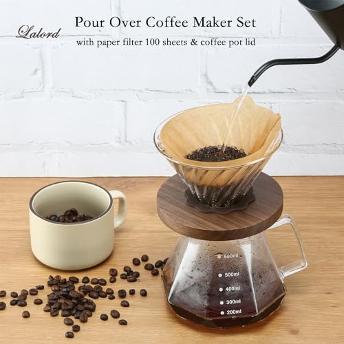 Pour Over Coffee Maker, 20 oz Borosilicate Glass Carafe with 100 pcs V60 Paper Filter, Walnut Handle & Glass Lid, Drip Coffee Maker for Home Café Restaurant Camping, 600 ml, Clear