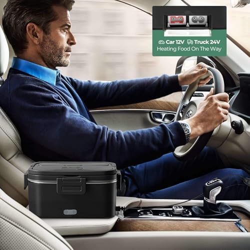 Electric Lunch Box for Adults 100W 1.8L Portable Heated Lunch Box 12V/24V/110V, Portable Fast Heating Lunchbox Food Heater for, Car Truck Office Home(Black)
