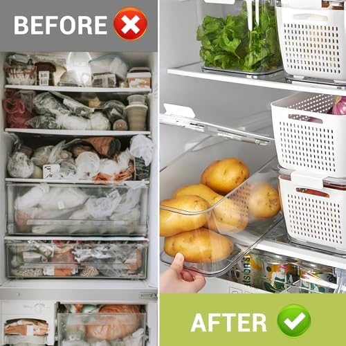 4 Pack Fruit Vegetable Containers for Fridge, Produce Saver Container with Lids &Removable Colander BPA-free Refrigerator Storage Organizer for Fruit Vegetable, Berry, Meat keep Fresh Longer